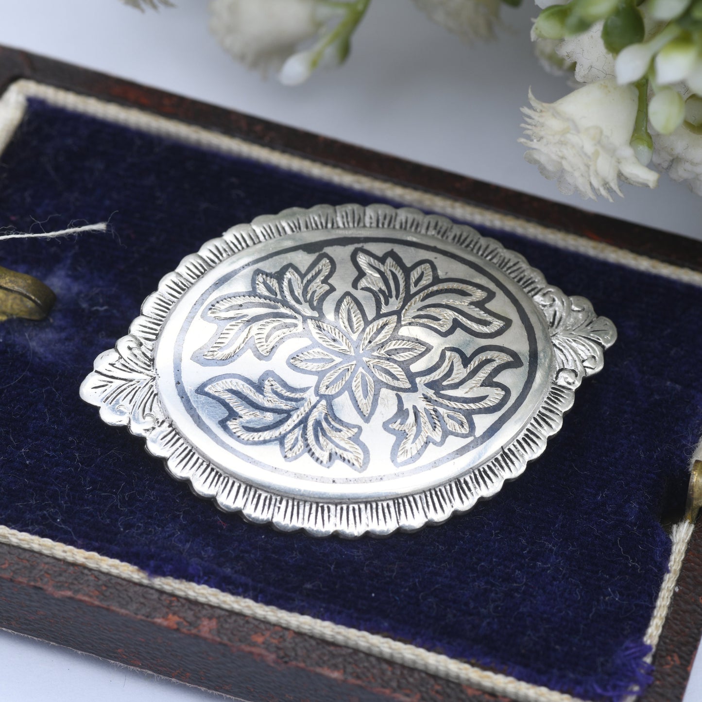 Vintage Sterling Silver Niello Brooch - Engraved Floral Scrolling | Ornate | Antique Style