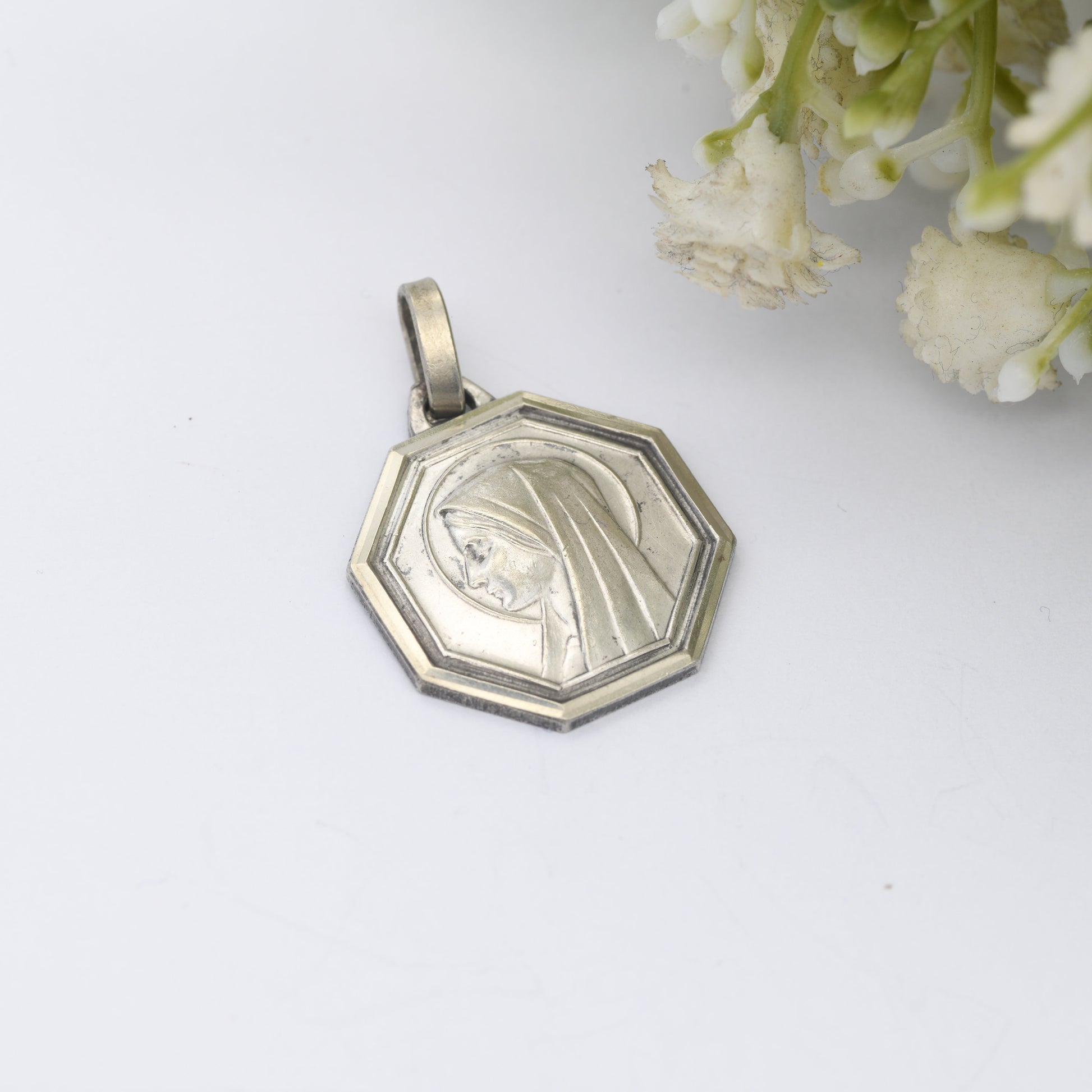 Vintage French Lourdes Virgin Mary Pendant - Religious Christian Token | Silver Tone