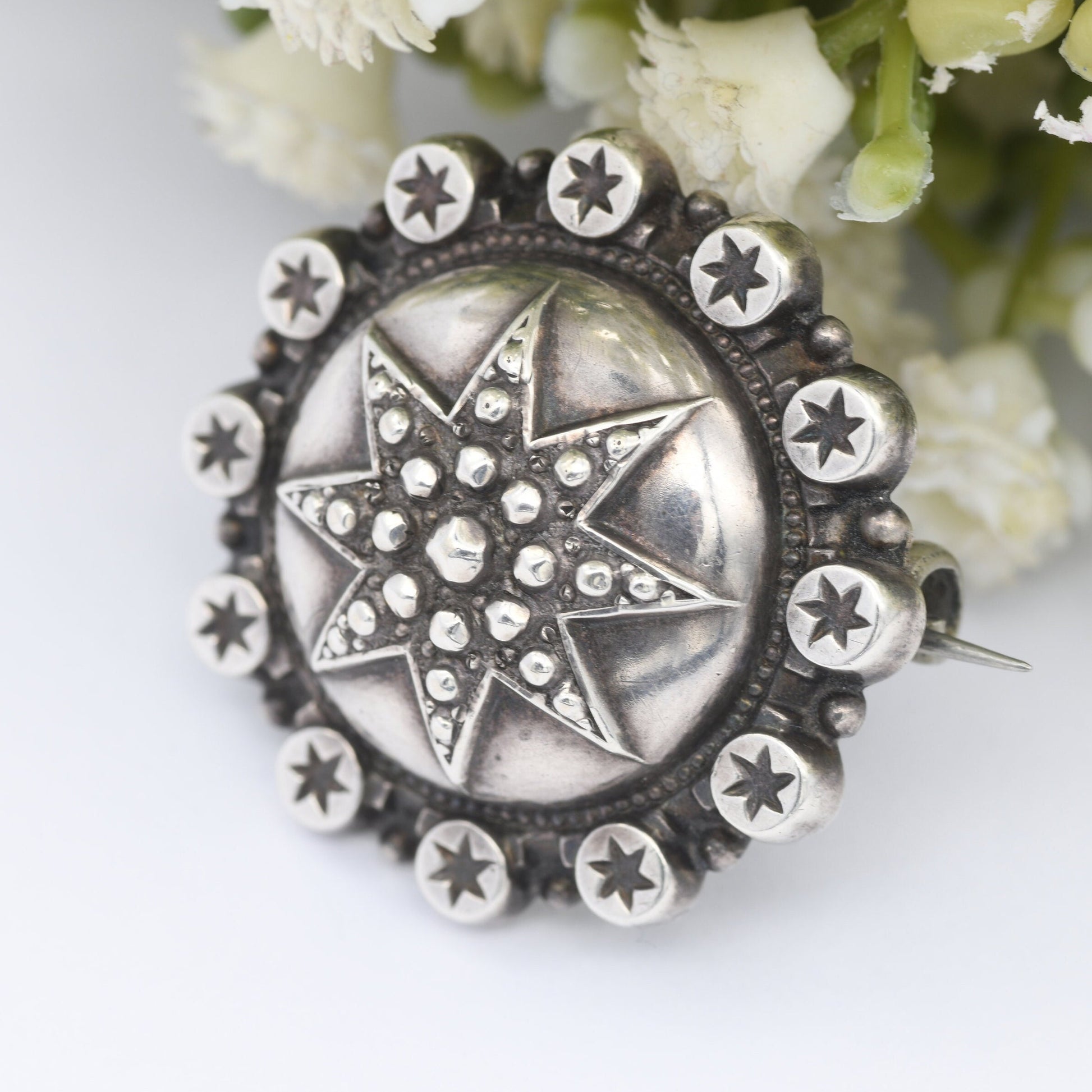 Antique Victorian Sterling Silver Star Brooch - c.19th Century | Textured Boule Brooch