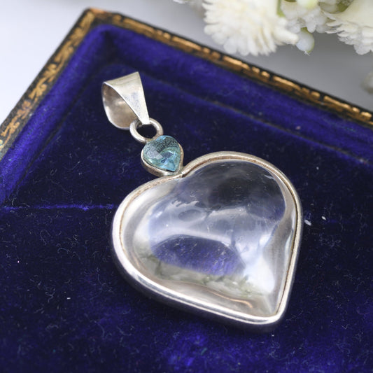 Vintage Sterling Silver Mounted Rock Crystal Heart Pendant with Smaller Blue Gemstone Heart