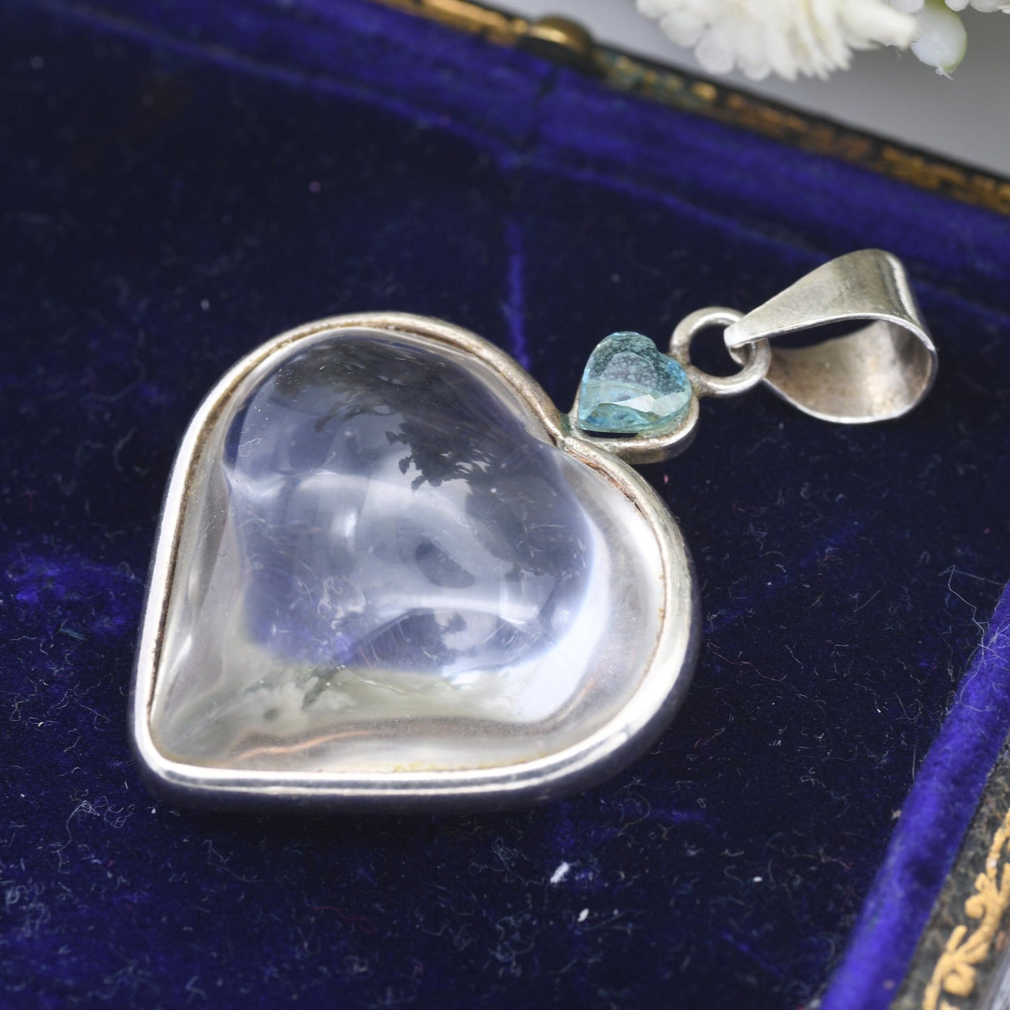 Vintage Sterling Silver Mounted Rock Crystal Heart Pendant with Smaller Blue Gemstone Heart