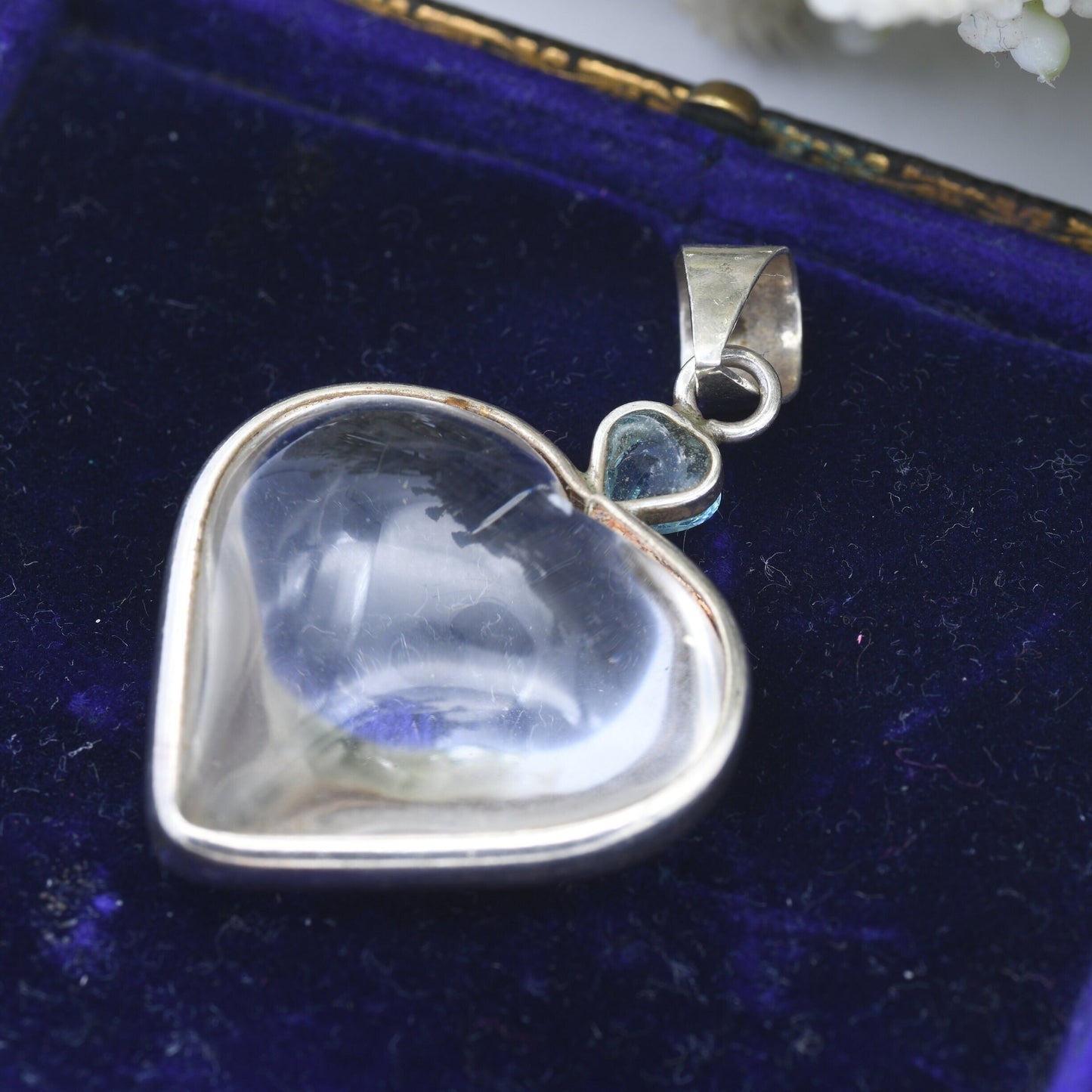 Vintage Sterling Silver Mounted Rock Crystal Heart Pendant with Smaller Blue Gemstone Heart