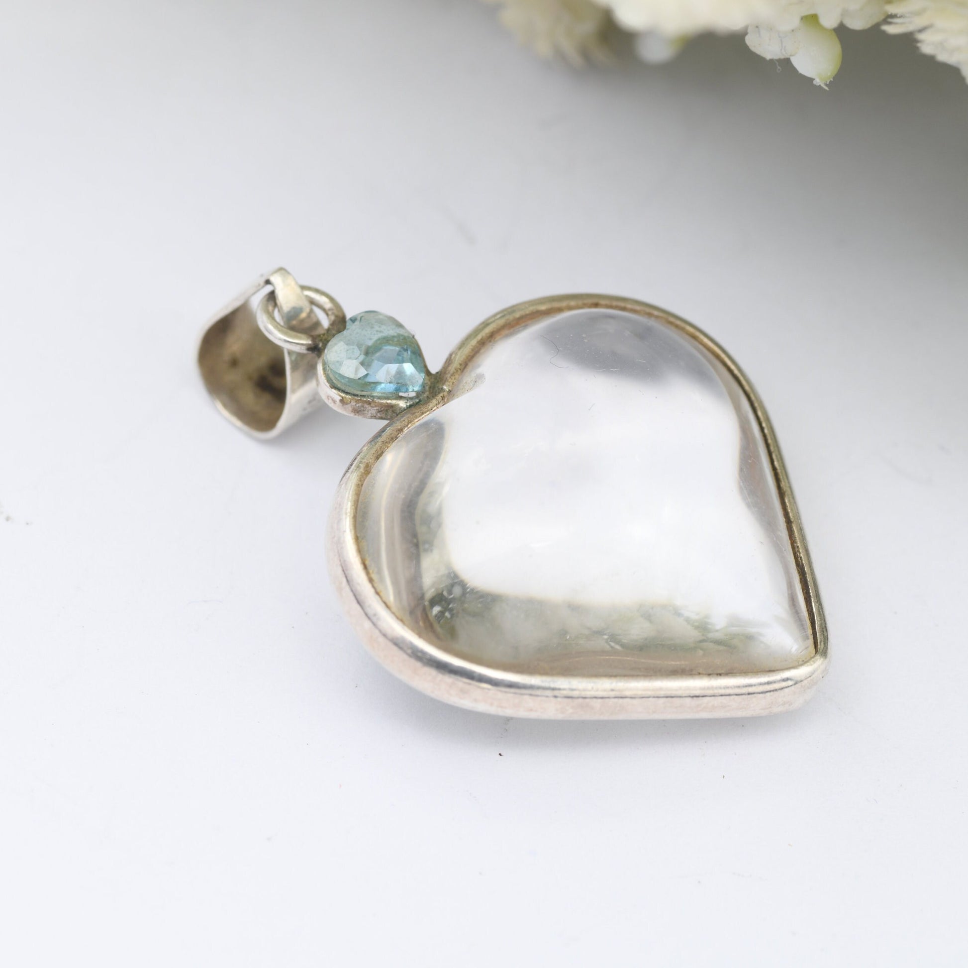 Vintage Sterling Silver Mounted Rock Crystal Heart Pendant with Smaller Blue Gemstone Heart