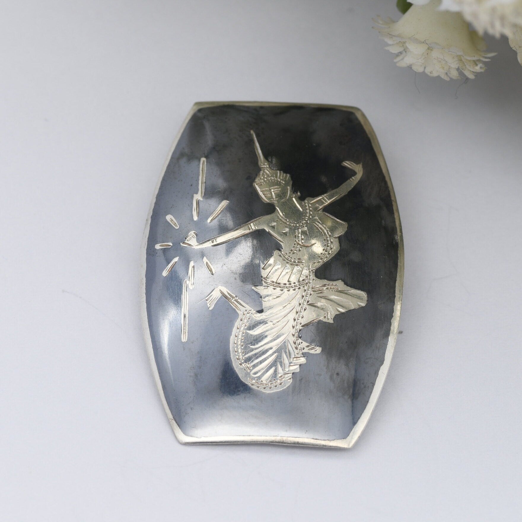 Vintage Sterling Silver Brooch - Mekala Goddess of Lightning | Siam Black Niello | Goddess Vintage Thailand Silver