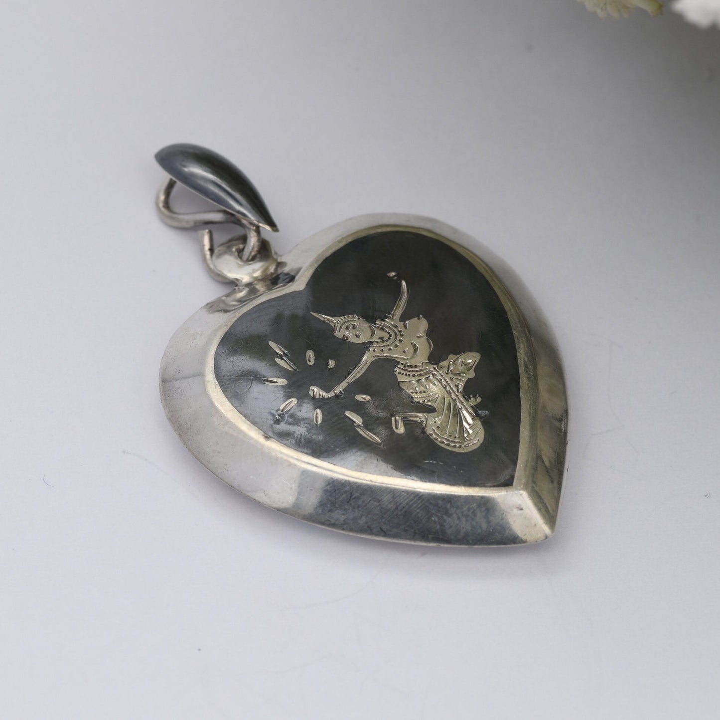 Vintage Sterling Silver Siam Heart Pendant - Mekala Goddess of Lightning | Black Niello | Goddess Vintage Thailand Silver