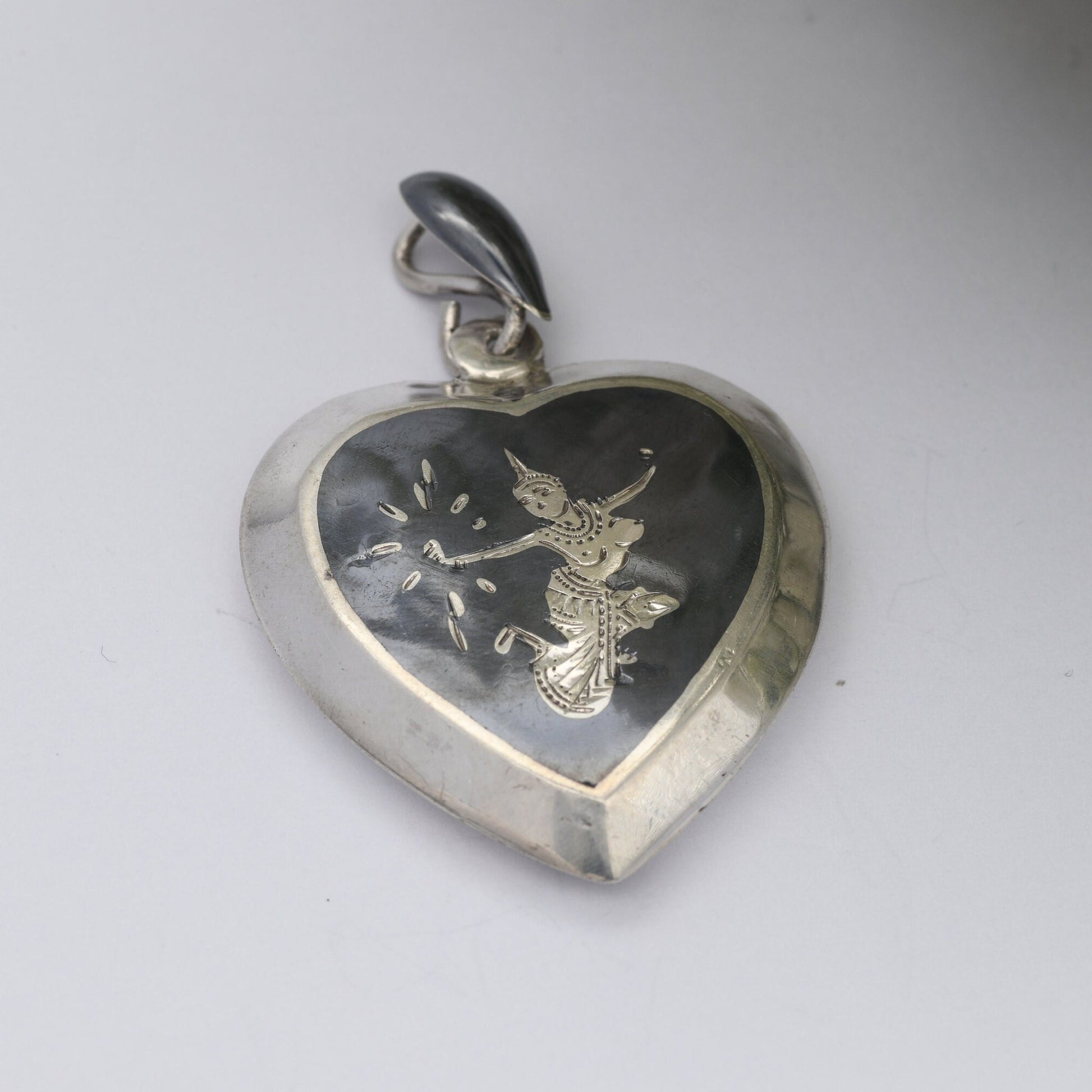 Vintage Sterling Silver Siam Heart Pendant - Mekala Goddess of Lightning | Black Niello | Goddess Vintage Thailand Silver