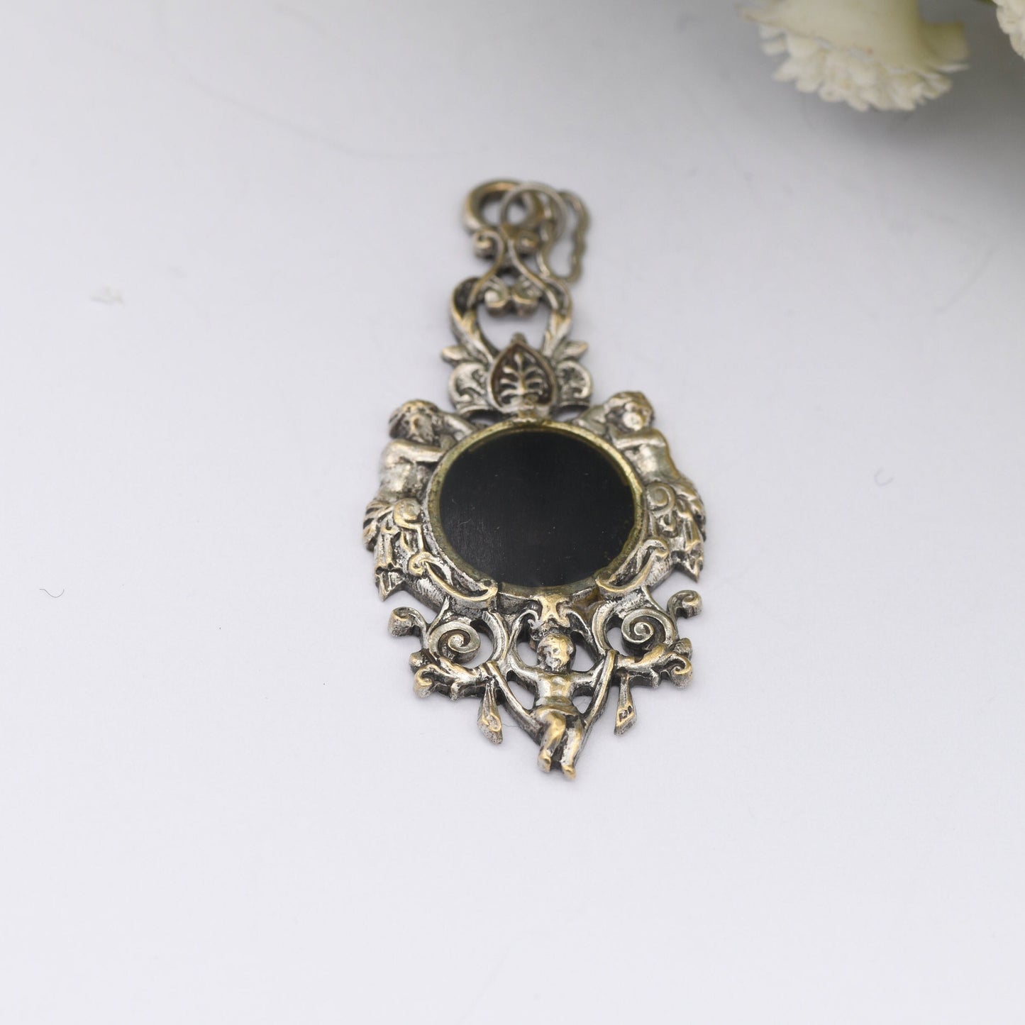 Vintage Cherub Charm Pendant - Ornate Antique Style | Seraph Babies | Black Enamel