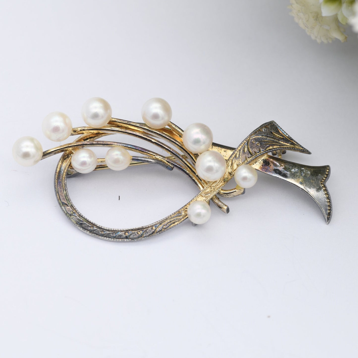 Vintage Sterling Silver Avon Brooch with Faux Pearl - Gold Plated | Mid-Century | Engraved