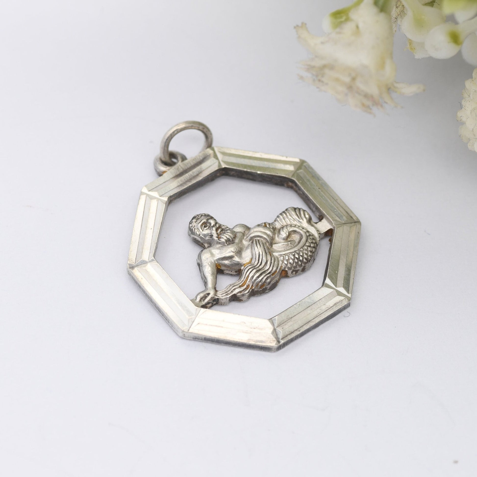 Vintage Silver Aquarius Pendant Merman - Openwork Zodiac Sign | Astrology Necklace | Horoscope Symbol | January February Birthday Gift