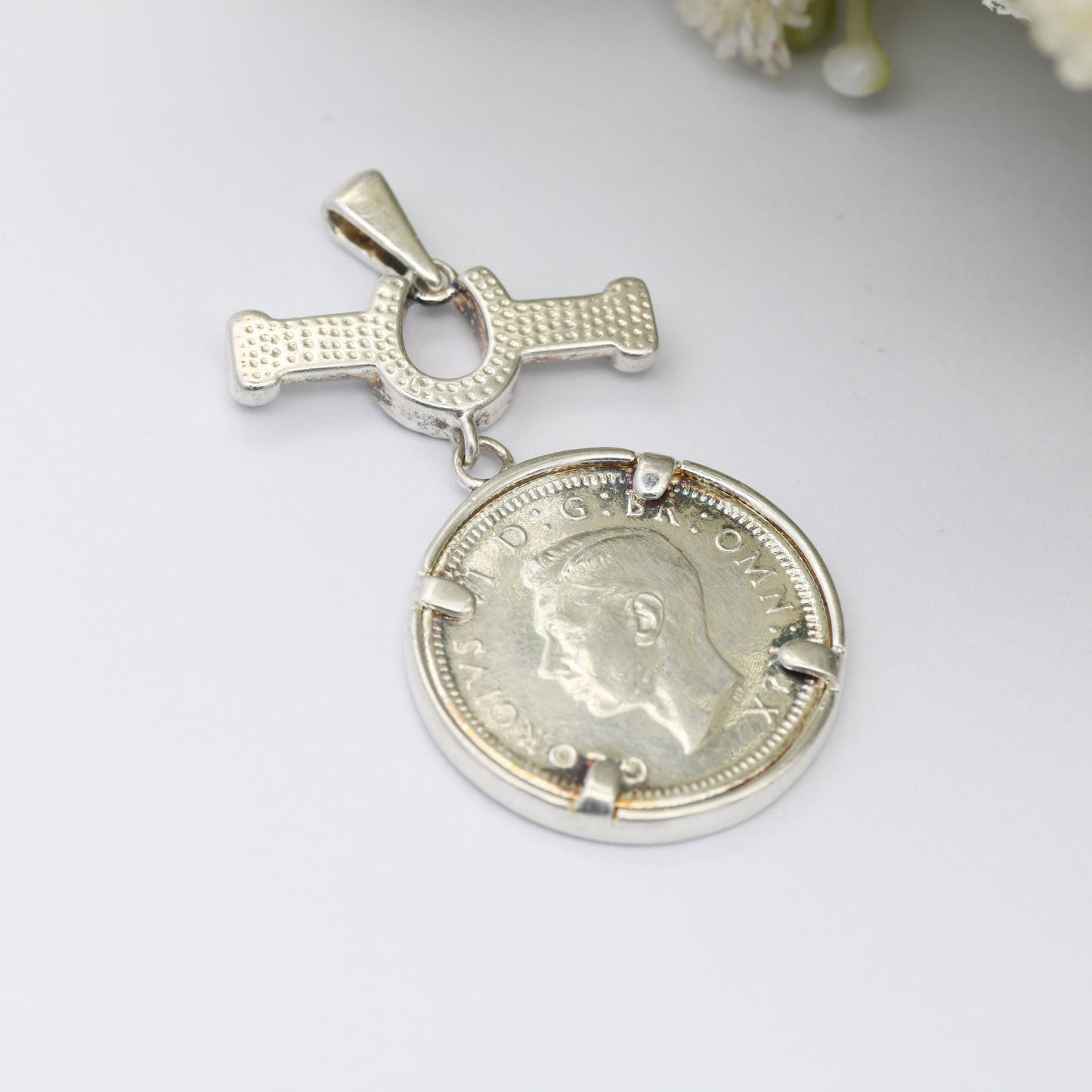 Vintage Silver George VI Sixpence 1944 Coin Pendant Set with Diamond and Lucky Horseshoe Mount