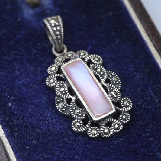 Vintage Sterling Silver Mother of Pearl Marcasite Pendant - Sparkly Jewellery | Gift for Mother