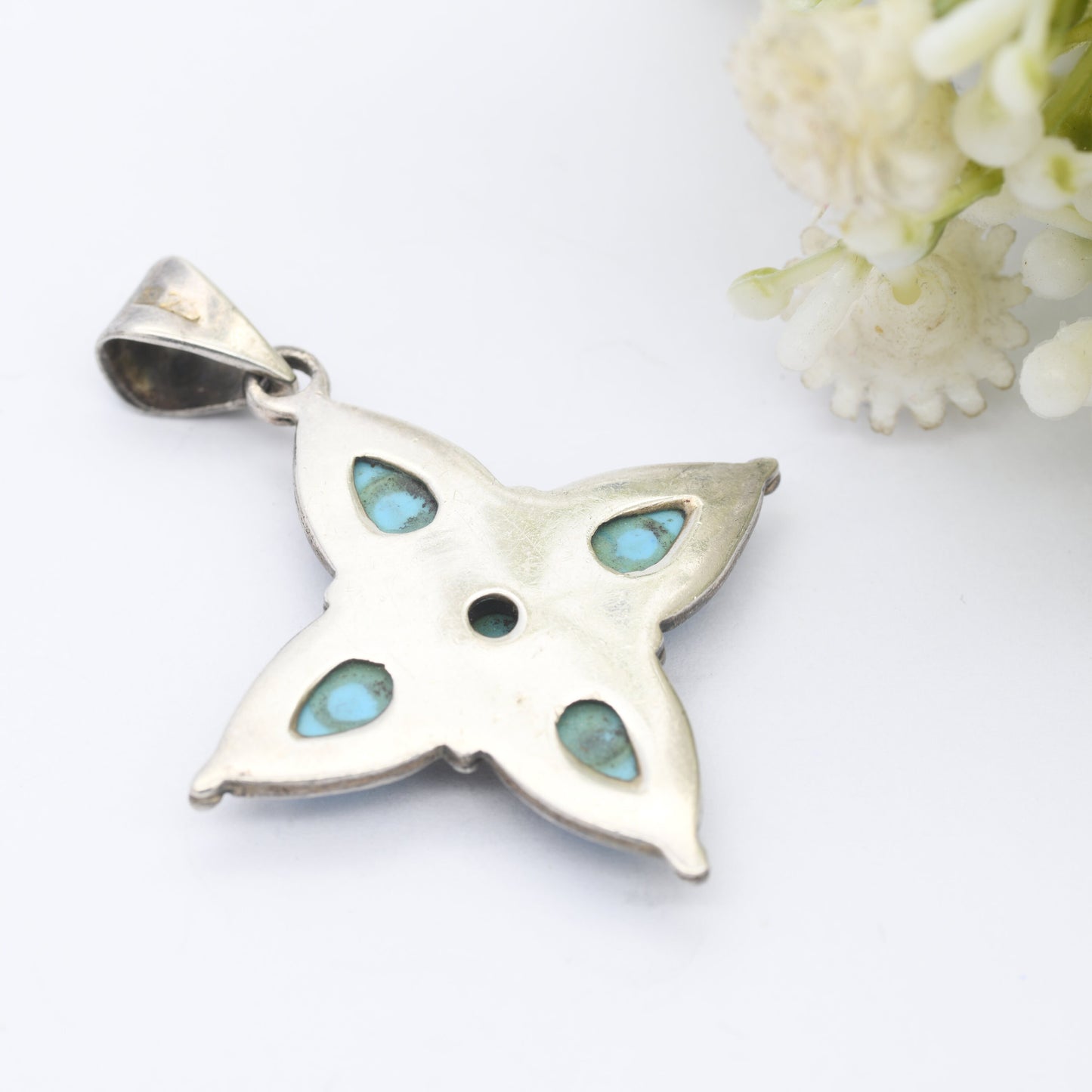 Vintage Sterling Silver Cabochon Turquoise Pendant - Flower Shape | Teardrop Gemstones | Chunky Blue Pendant