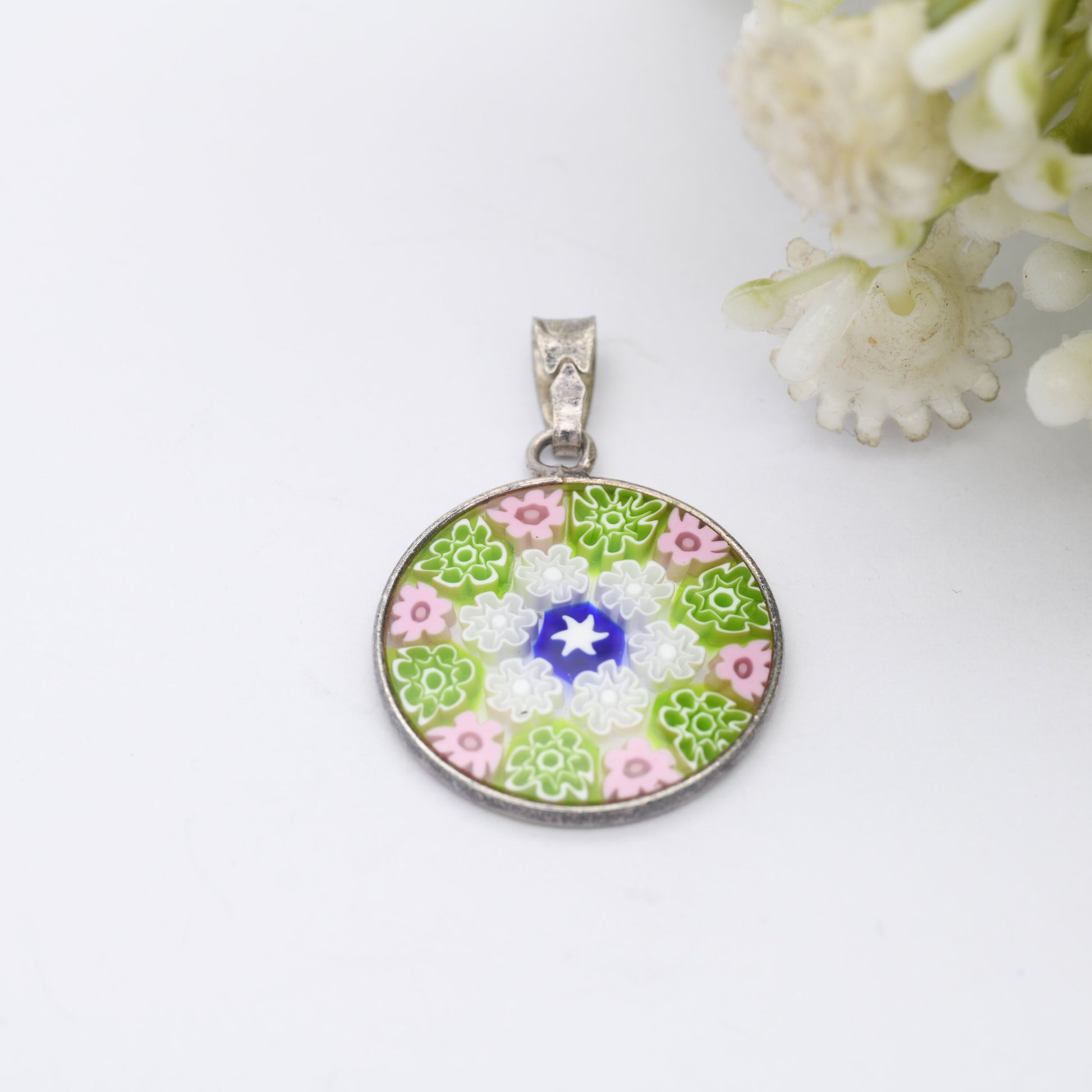 Sterling Silver Millefiori Glass Flower Pendant - Green and Pink | Circle | Floral