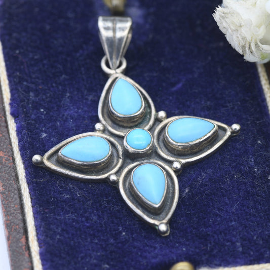Vintage Sterling Silver Cabochon Turquoise Pendant - Flower Shape | Teardrop Gemstones | Chunky Blue Pendant