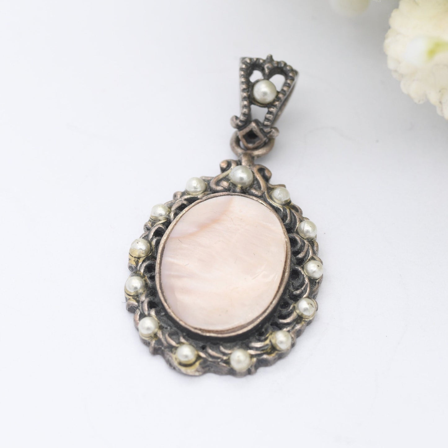 Vintage Sterling Silver Mother of Pearl Pendant - Ornate Faux Pearl Surround