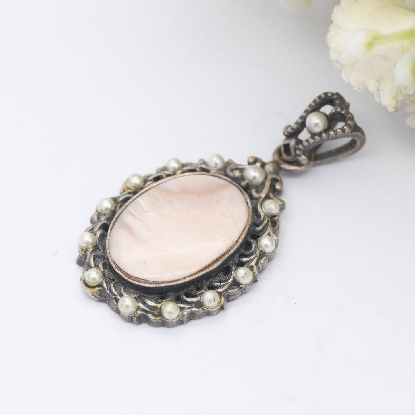 Vintage Sterling Silver Mother of Pearl Pendant - Ornate Faux Pearl Surround