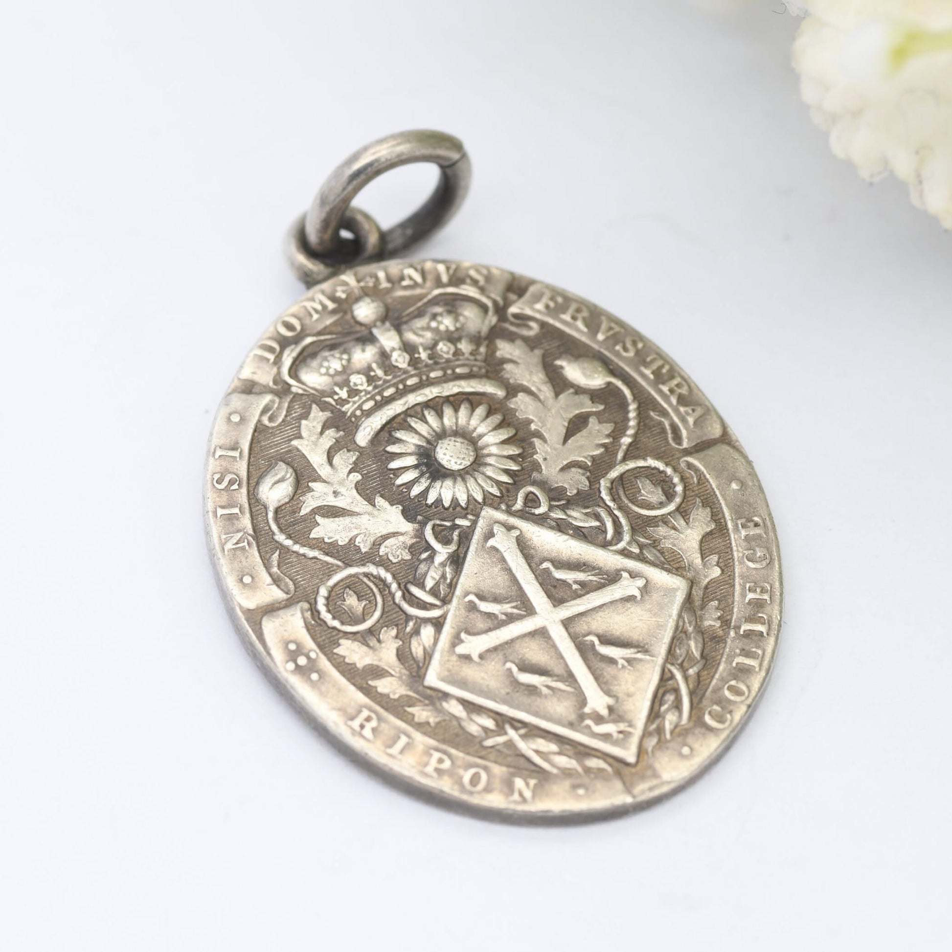 Antique Sterling Silver Ripon College Medal Pendant - Ornate Watch Fob | Latin Inscription | Old School Motto
