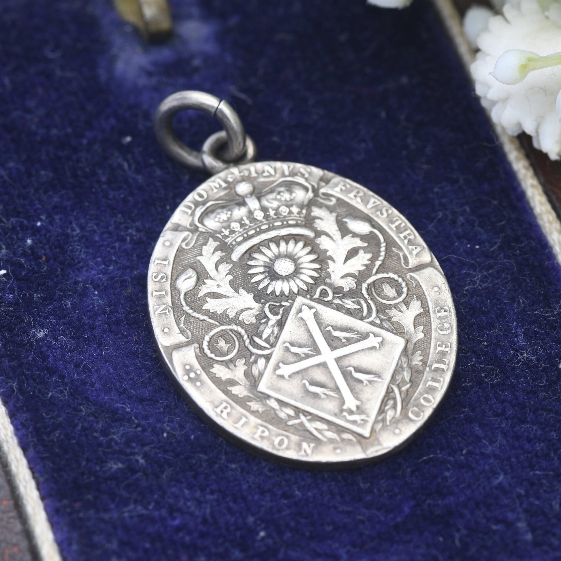 Antique Sterling Silver Ripon College Medal Pendant - Ornate Watch Fob | Latin Inscription | Old School Motto