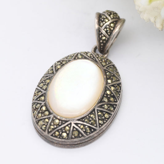 Vintage Sterling Silver Mother of Pearl and Marcasite Oval Pendant