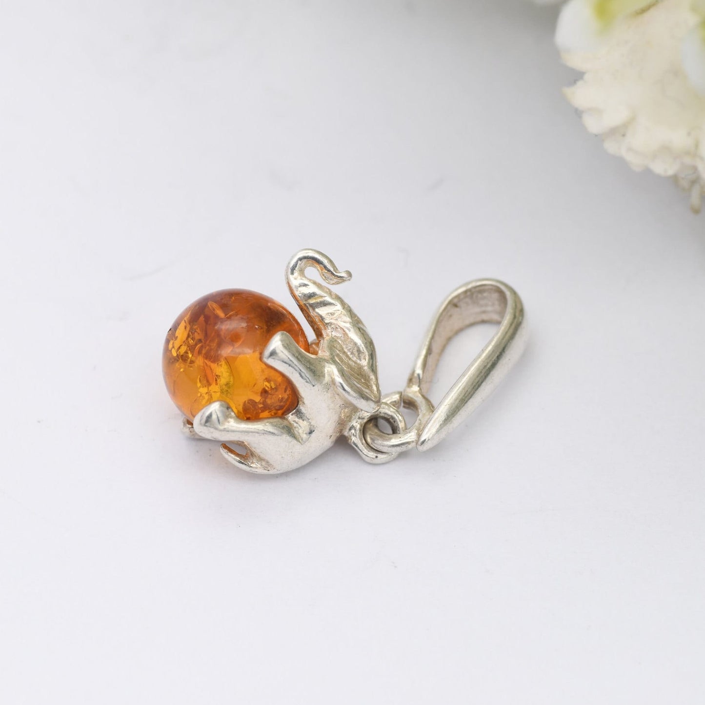 Vintage Amber Elephant Sterling Silver Pendant