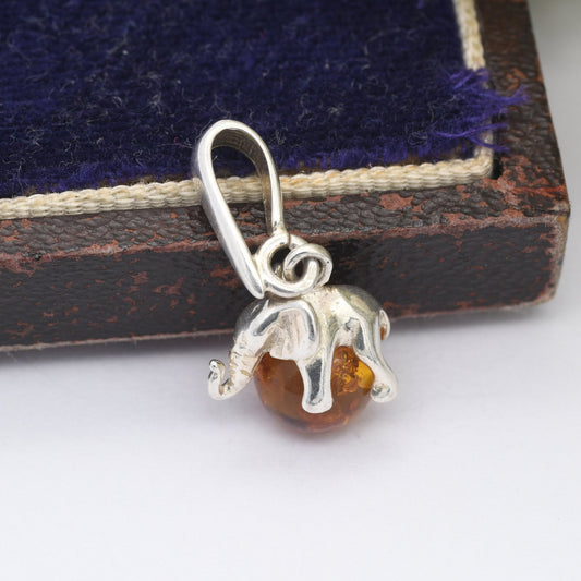 Vintage Amber Elephant Sterling Silver Pendant