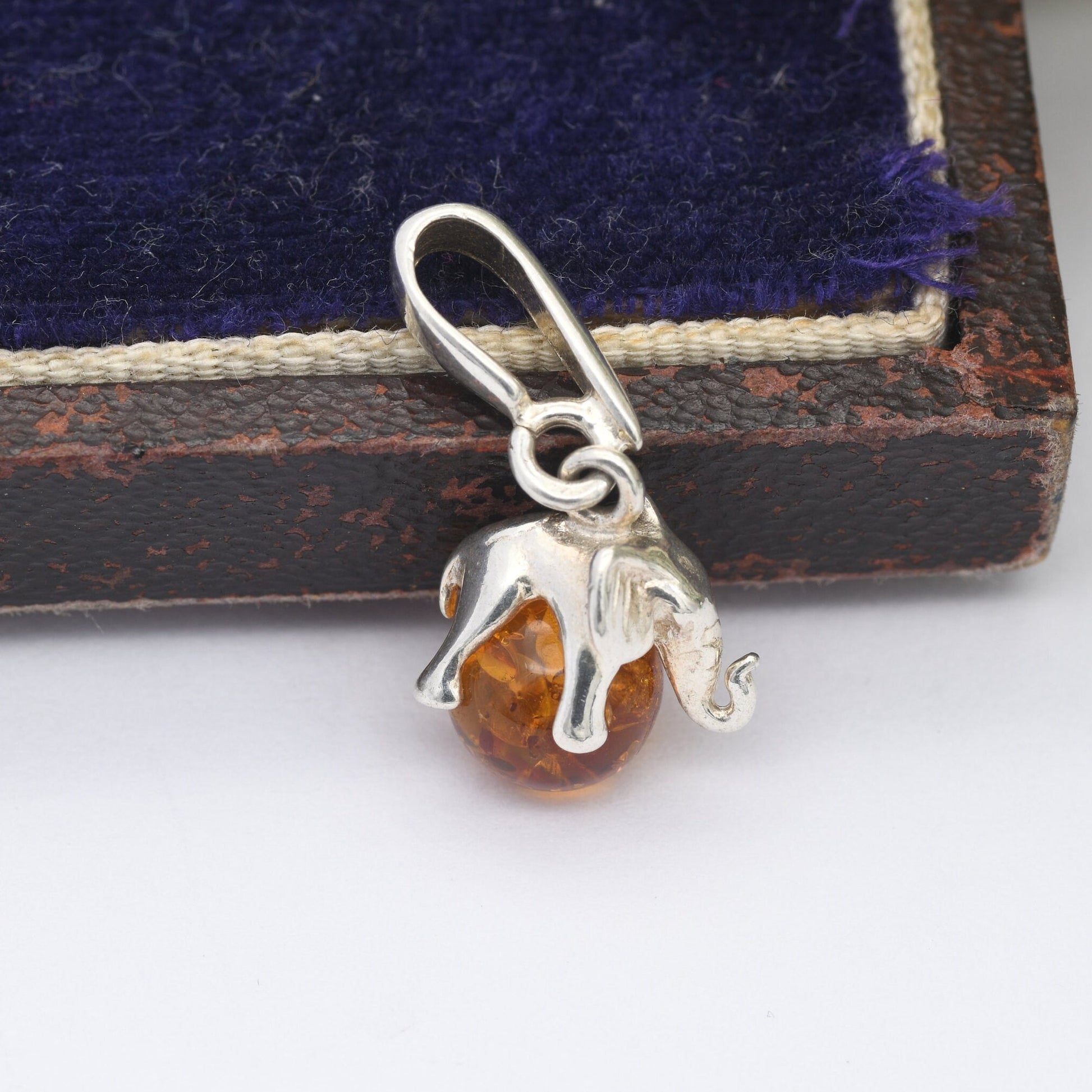 Vintage Amber Elephant Sterling Silver Pendant