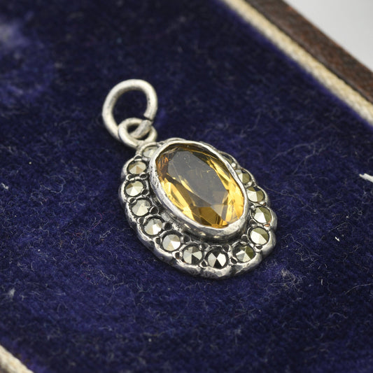 Vintage Sterling Silver Citrine Marcasite Pendant - Oval Shape | Sparkly Statement Jewellery | Art Deco Style