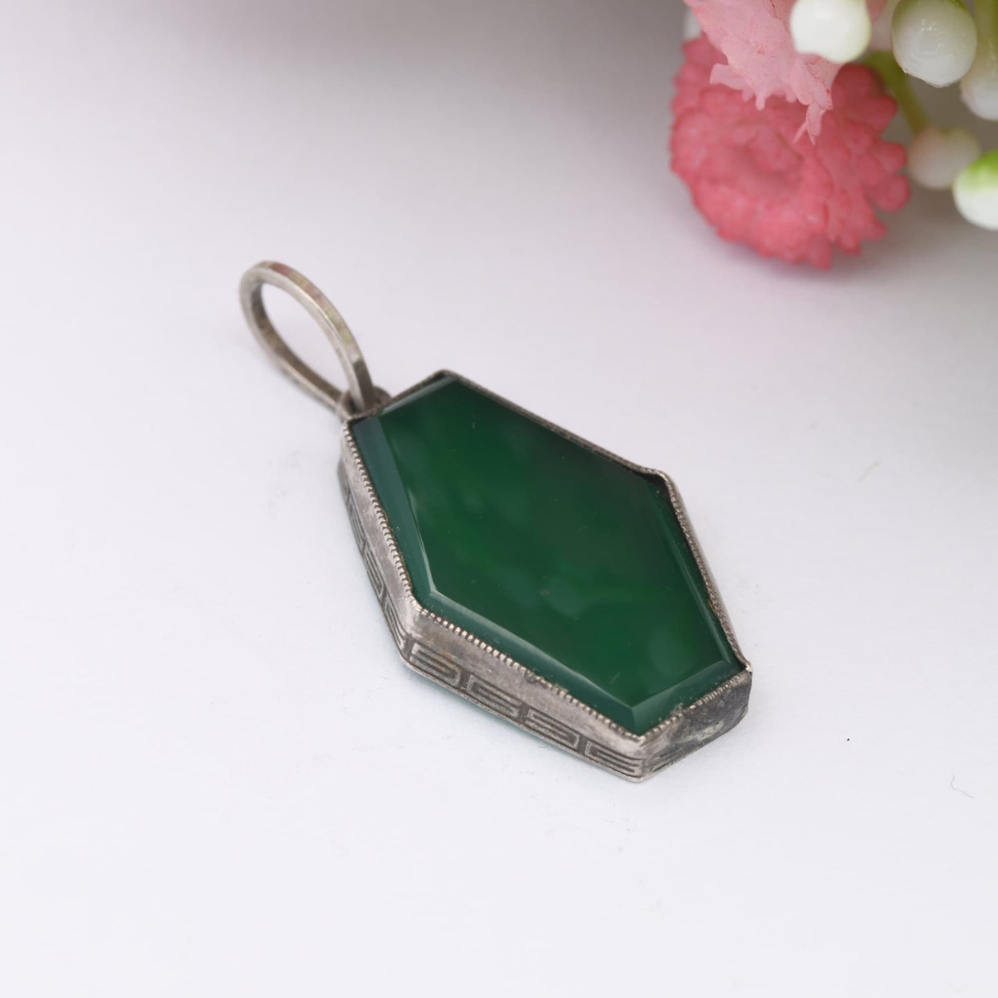 Antique Chrysoprase Pendant with Greek Key Mount - Silver Tone | Long Hexagonal Shape | Unusual Charm