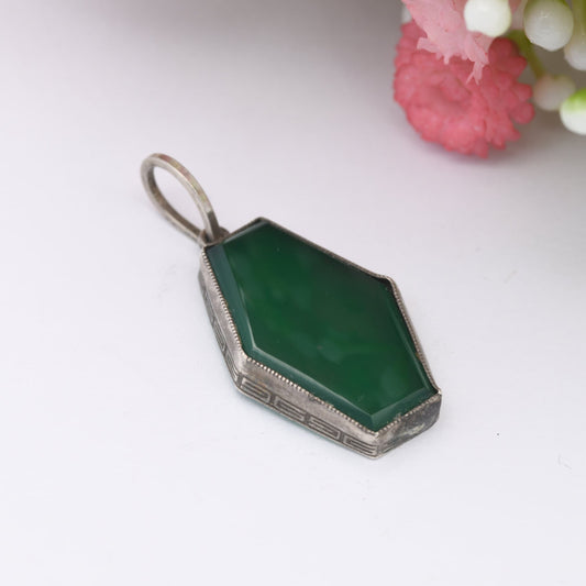 Antique Chrysoprase Pendant with Greek Key Mount - Silver Tone | Long Hexagonal Shape | Unusual Charm