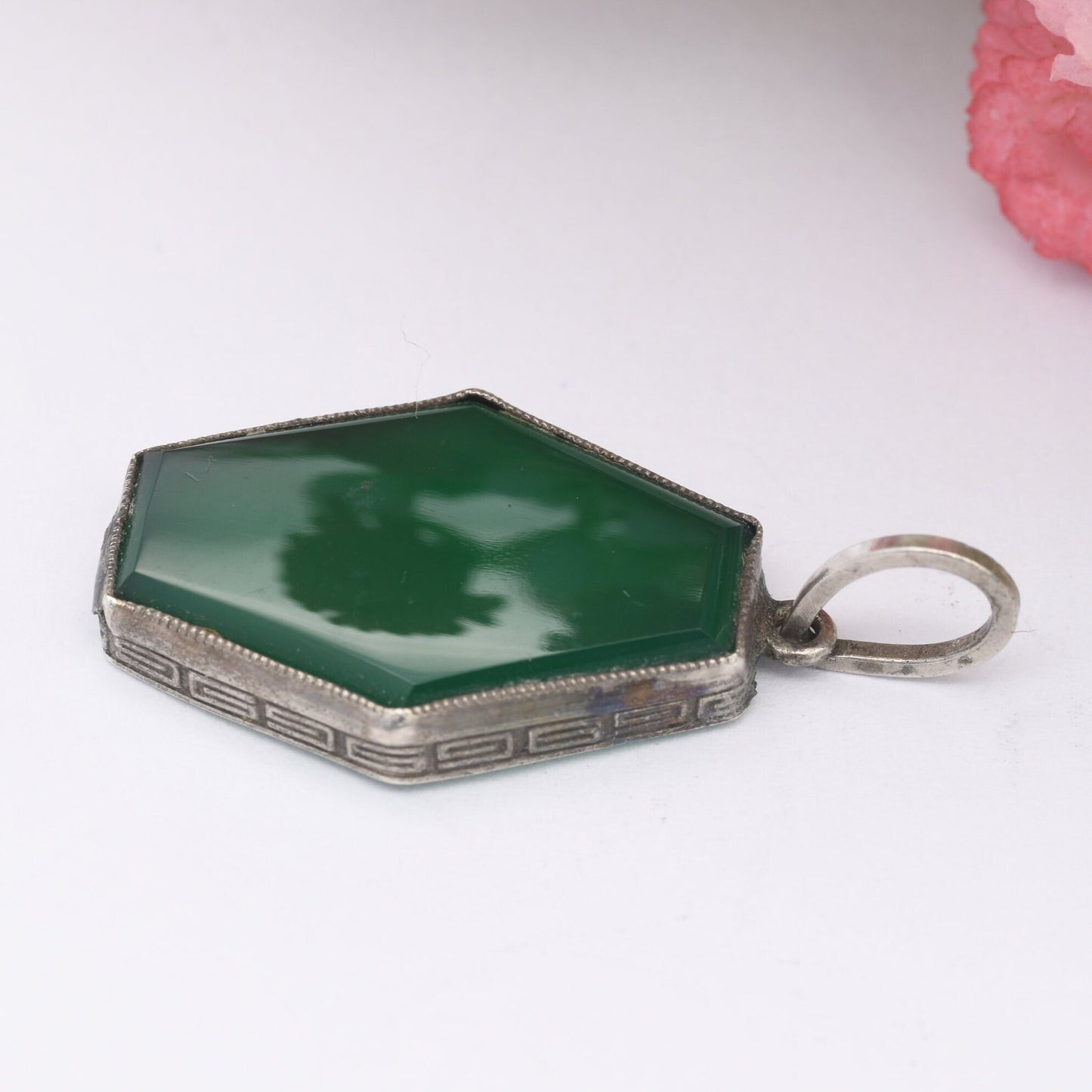 Antique Chrysoprase Pendant with Greek Key Mount - Silver Tone | Long Hexagonal Shape | Unusual Charm