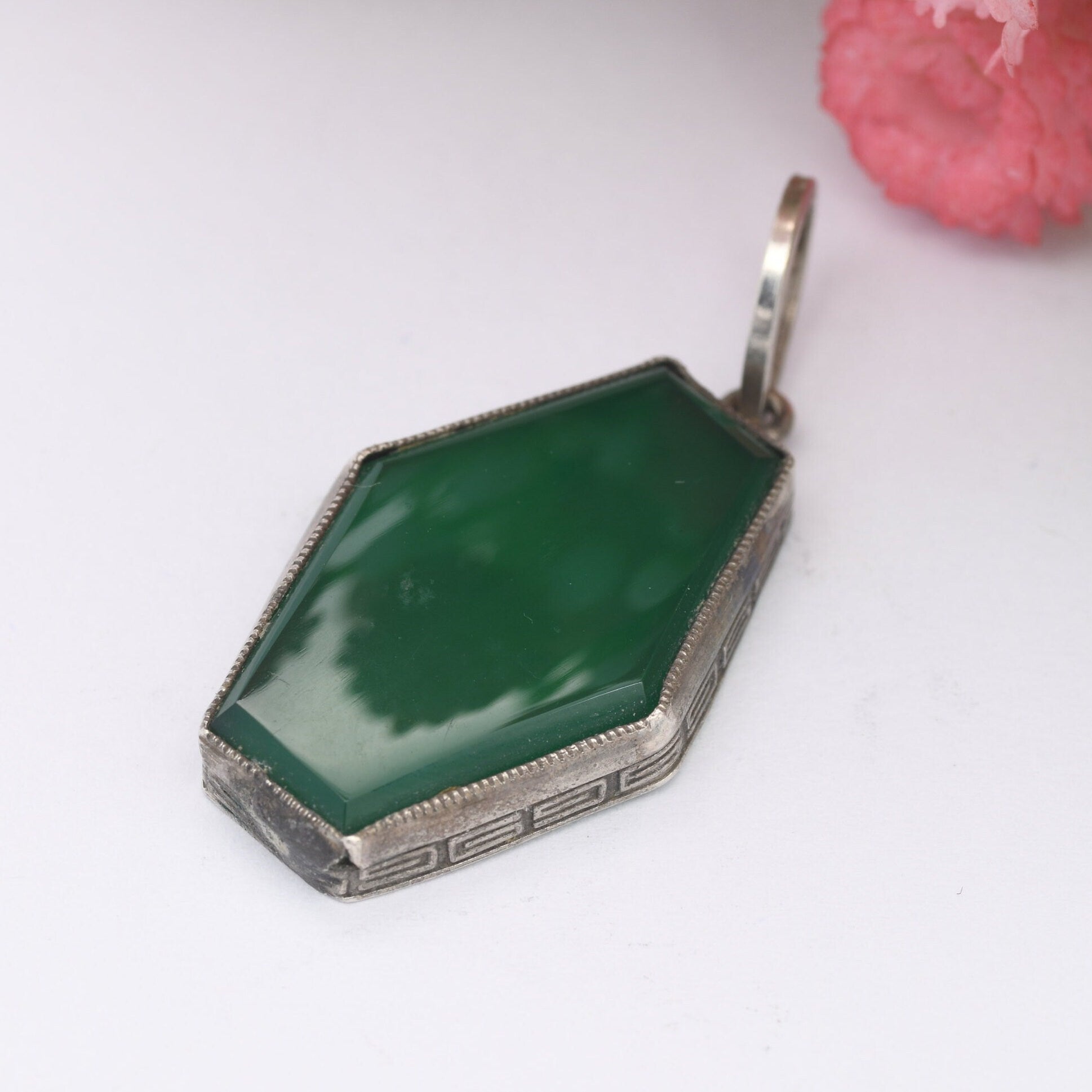 Antique Chrysoprase Pendant with Greek Key Mount - Silver Tone | Long Hexagonal Shape | Unusual Charm