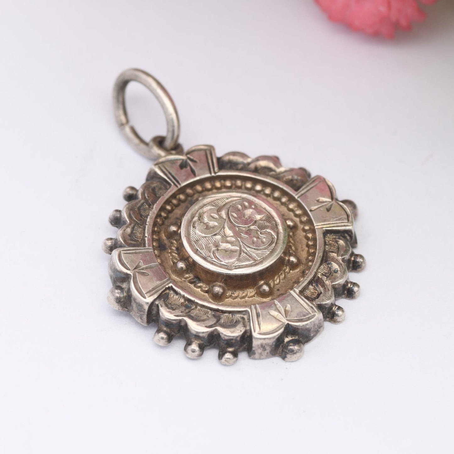 Antique Aesthetic Movement Sterling Silver Pendant with Ornate Scrolling Design - Small Victorian Silver Circle Charm | c. 1800s