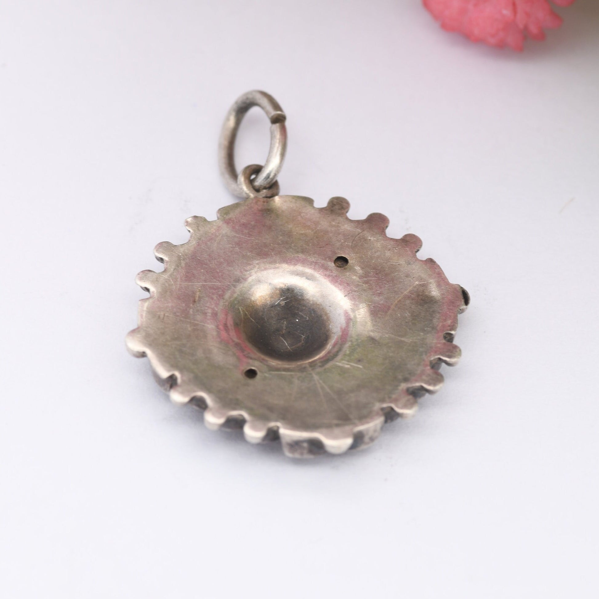 Antique Aesthetic Movement Sterling Silver Pendant with Ornate Scrolling Design - Small Victorian Silver Circle Charm | c. 1800s