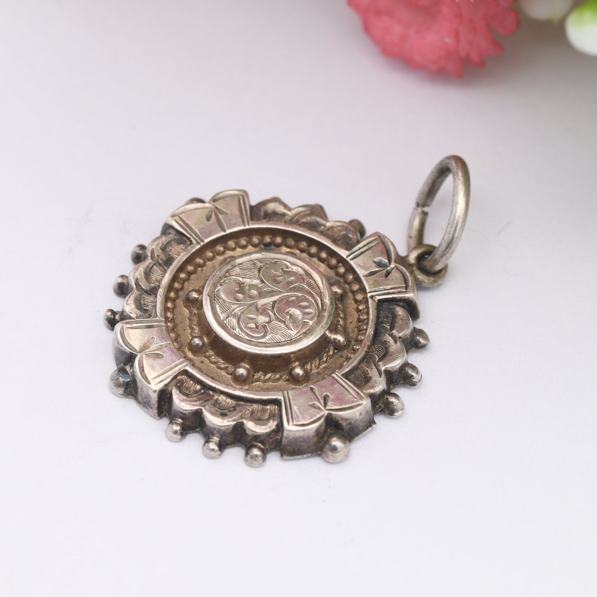 Antique Aesthetic Movement Sterling Silver Pendant with Ornate Scrolling Design - Small Victorian Silver Circle Charm | c. 1800s