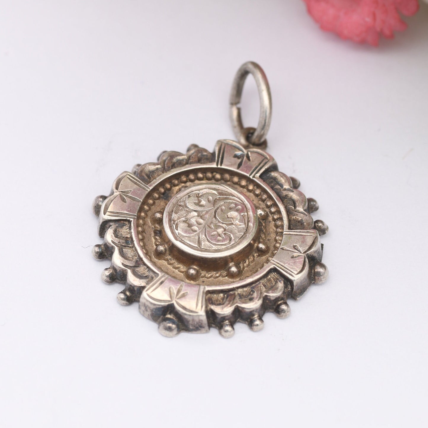 Antique Aesthetic Movement Sterling Silver Pendant with Ornate Scrolling Design - Small Victorian Silver Circle Charm | c. 1800s