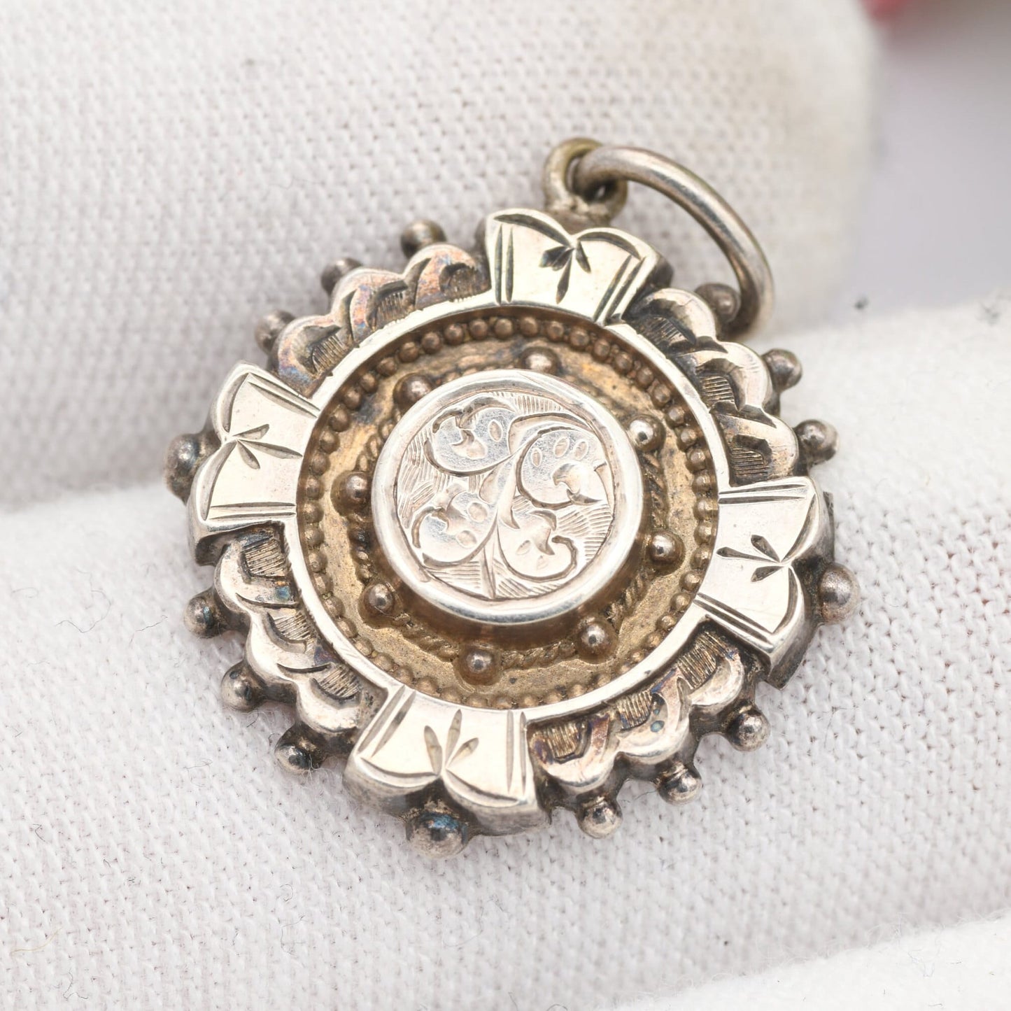 Antique Aesthetic Movement Sterling Silver Pendant with Ornate Scrolling Design - Small Victorian Silver Circle Charm | c. 1800s