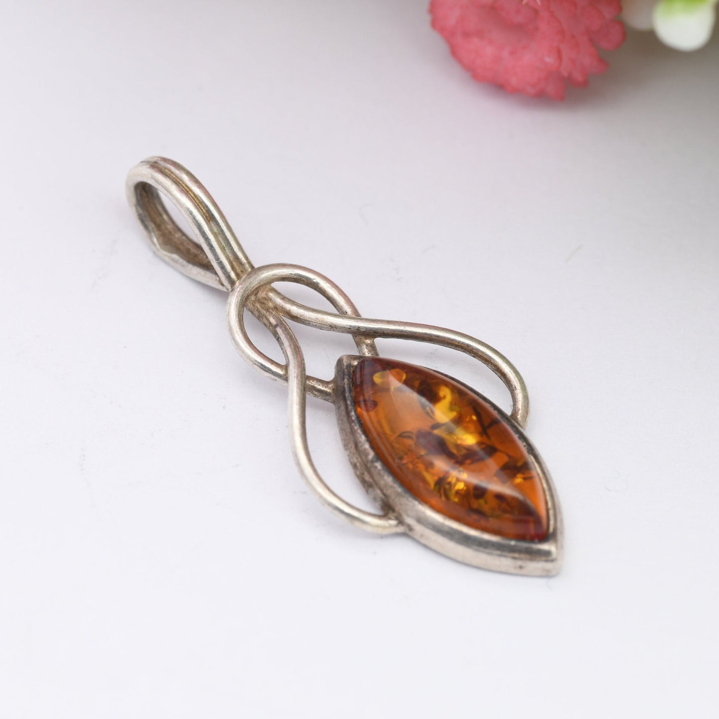 Vintage Amber Sterling Silver Pendant - Baltic Amber Pendant | Unusual Shape | Celtic Design | Elven Silver Necklace