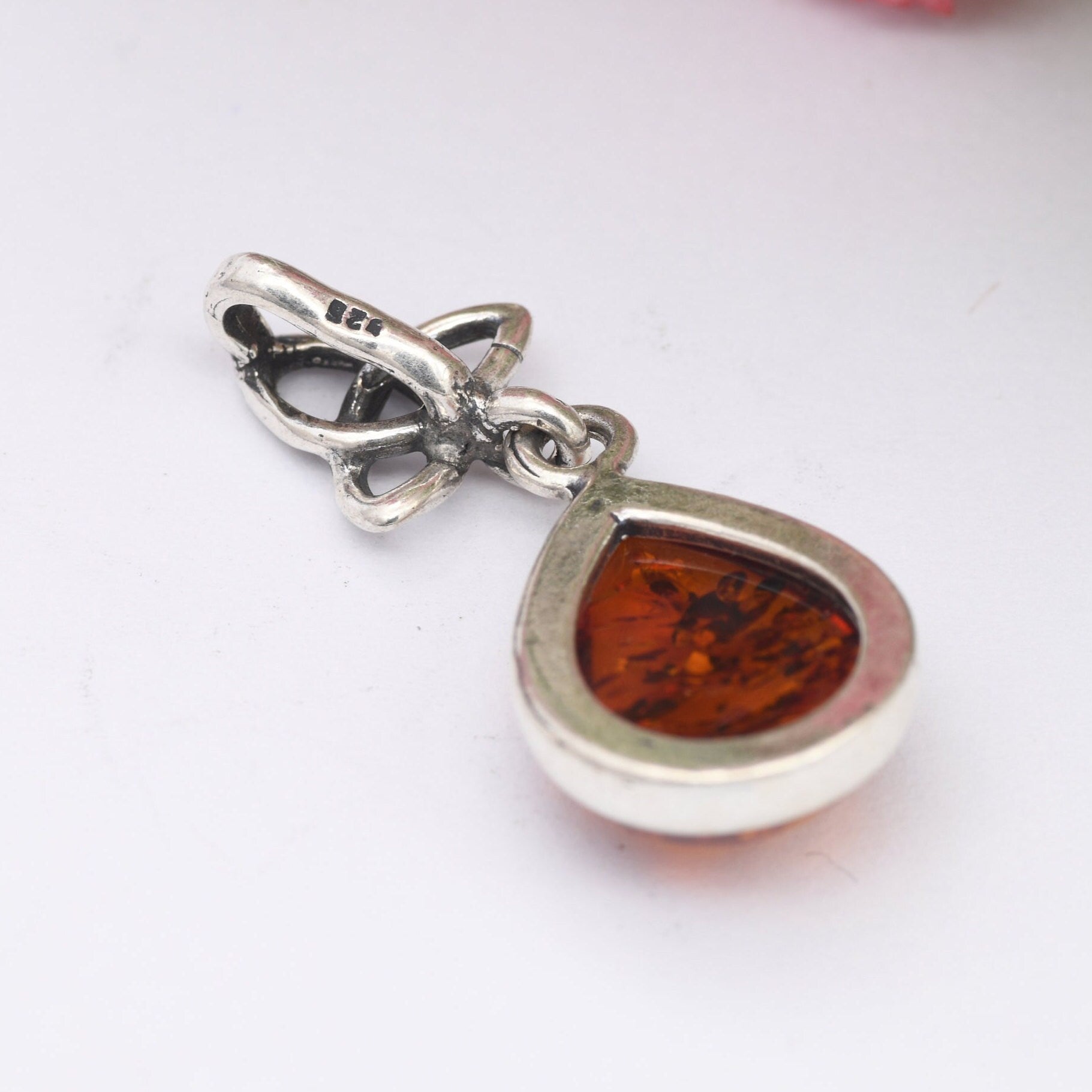 Vintage Sterling Silver Amber Pendant - Baltic Amber Pendant | Celtic Knot Trefoil Triquetra