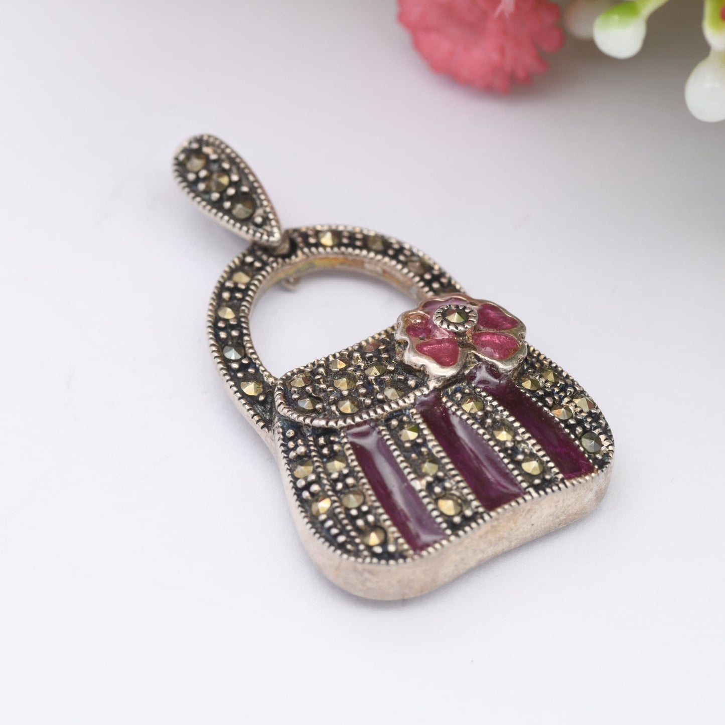 Sterling Silver Handbag Pendant with Flower - Sparkly Marcasite Pink Enamel Plique a Jour