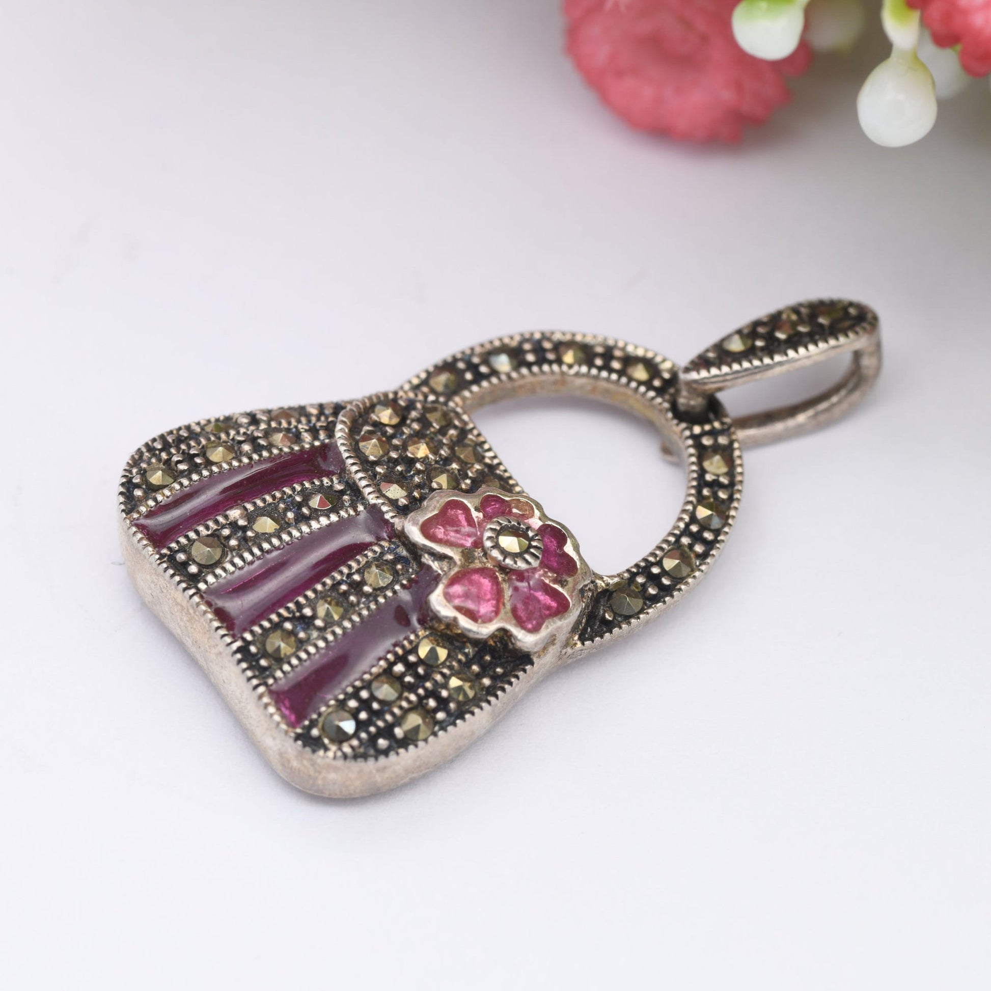 Sterling Silver Handbag Pendant with Flower - Sparkly Marcasite Pink Enamel Plique a Jour