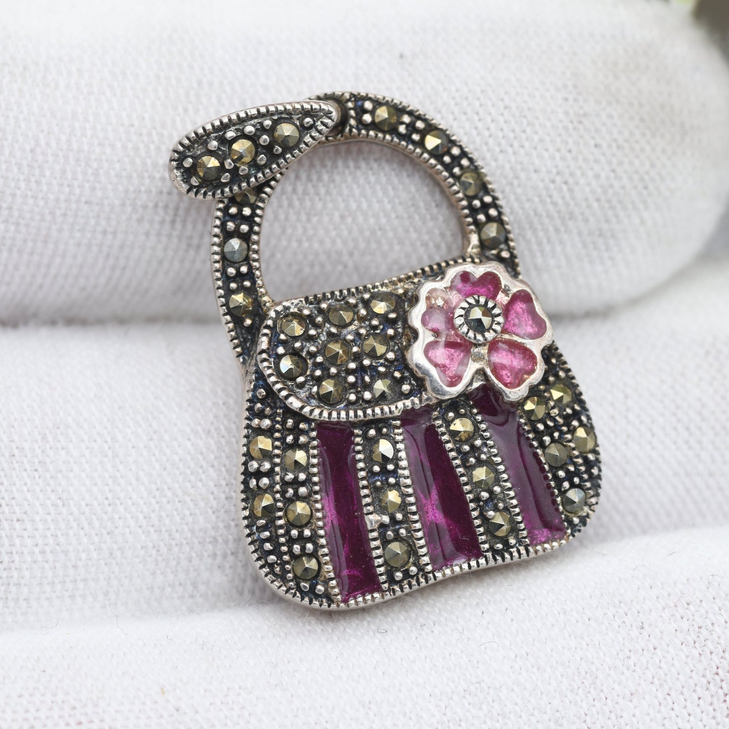 Sterling Silver Handbag Pendant with Flower - Sparkly Marcasite Pink Enamel Plique a Jour