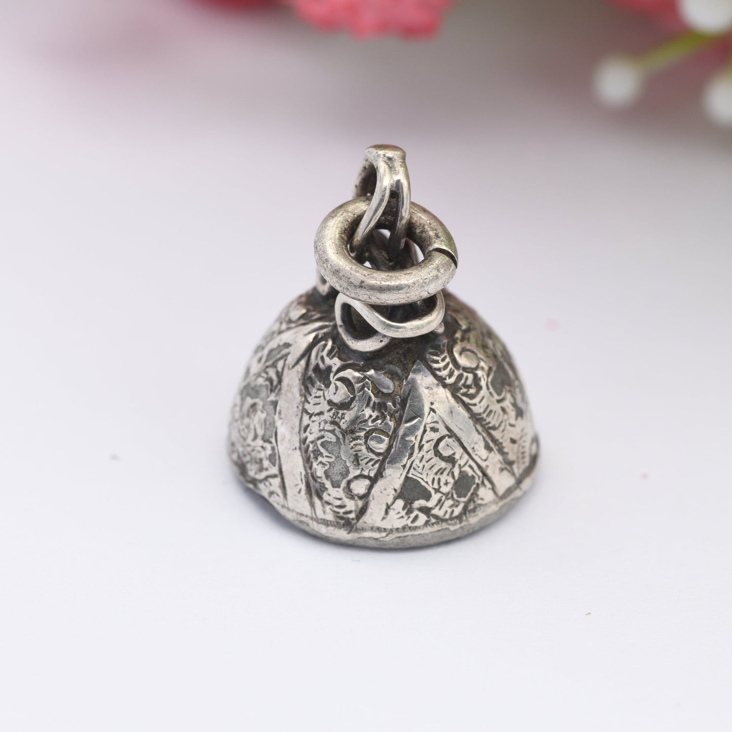 Antique Fob Pendant with Ornage Stone - Victorian Aesthetic Movement Engraving | Scrolling Design | Chunky Antique Charm