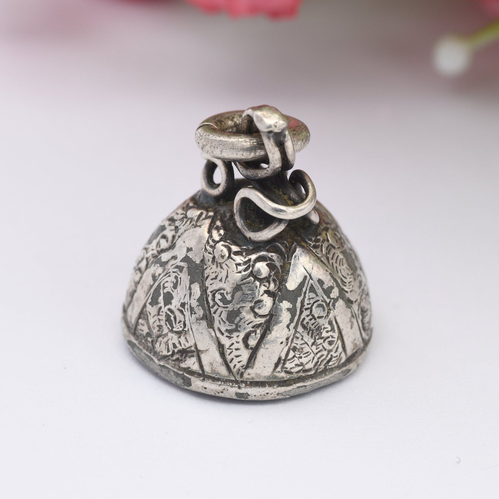 Antique Fob Pendant with Ornage Stone - Victorian Aesthetic Movement Engraving | Scrolling Design | Chunky Antique Charm