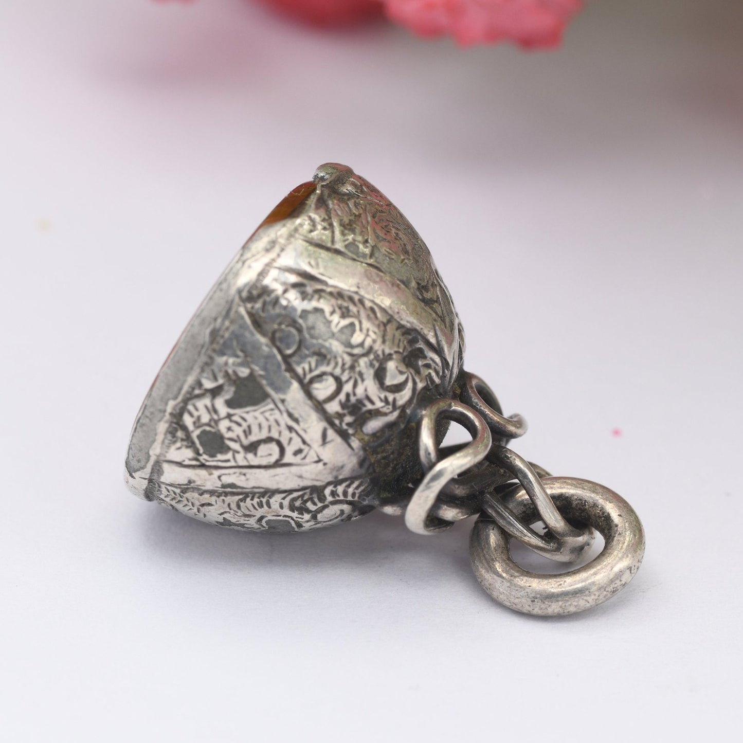 Antique Fob Pendant with Ornage Stone - Victorian Aesthetic Movement Engraving | Scrolling Design | Chunky Antique Charm