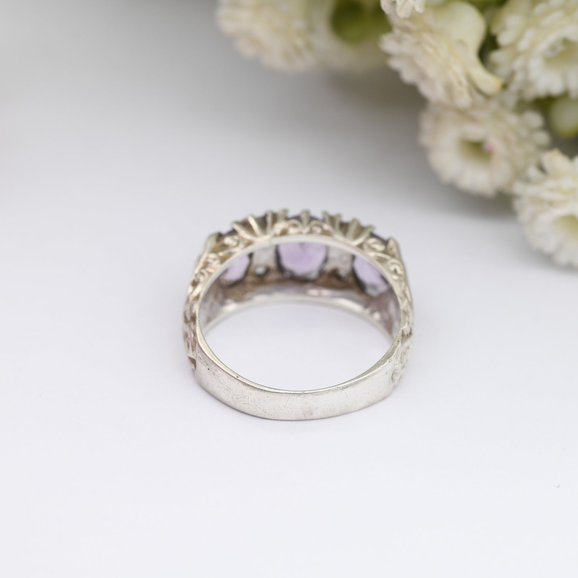 Vintage Sterling Silver Amethyst Three Stone Ring with Clear Stone Accents 1978 - Victorian Revival | UK Size - J 1/2 | US Size - 5