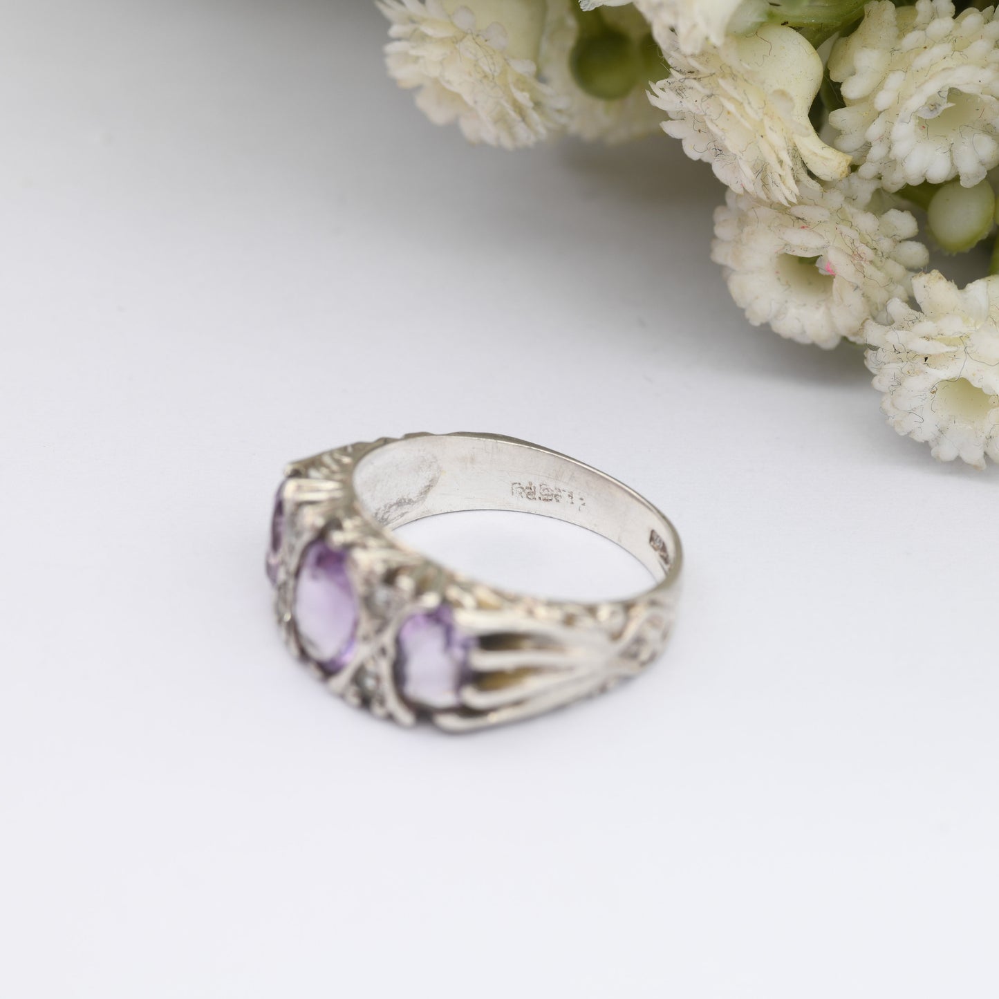 Vintage Sterling Silver Amethyst Three Stone Ring with Clear Stone Accents 1978 - Victorian Revival | UK Size - J 1/2 | US Size - 5