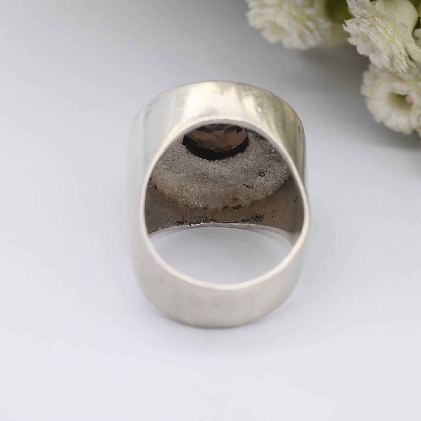 Vintage Sterling Silver Smoky Quartz Ring 1970 CJB - Chunky Mid-Century Modernist Design | UK Size - O 1/2 | US Size - 7 1/2