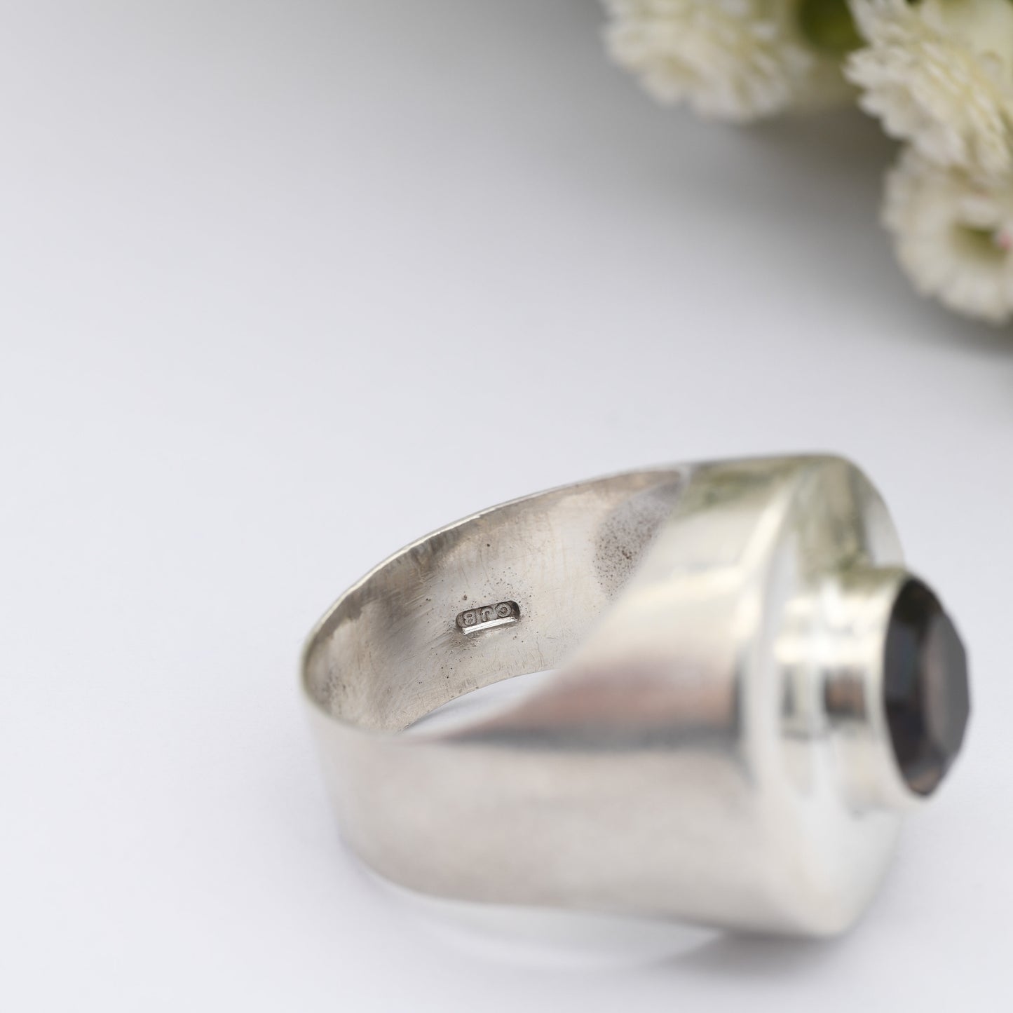 Vintage Sterling Silver Smoky Quartz Ring 1970 CJB - Chunky Mid-Century Modernist Design | UK Size - O 1/2 | US Size - 7 1/2