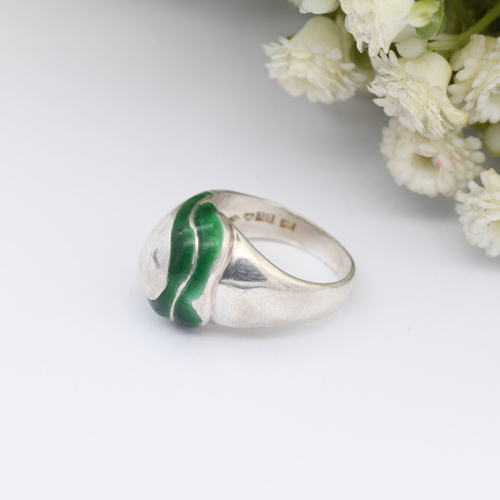 Vintage Sterling Silver Green Swirl Enamel Ring - Mid-Century Figural Silver | Small Chunky Ring | UK Size - I 1/2 | US Size - 4 1/2