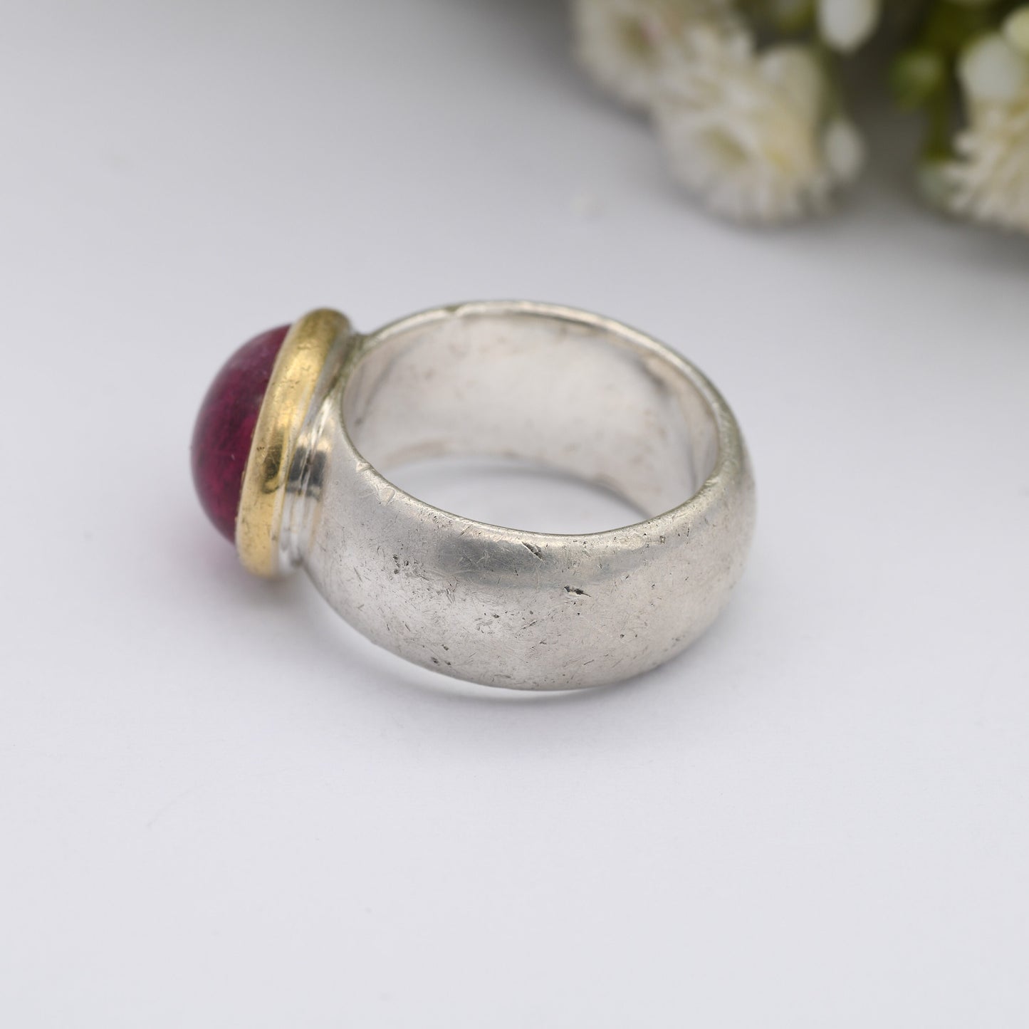 Sterling Silver Chunky Ring with Large Pink Stone 2003 - Gold Plated Bezel | UK Size - N 1/2 | US Size - 7